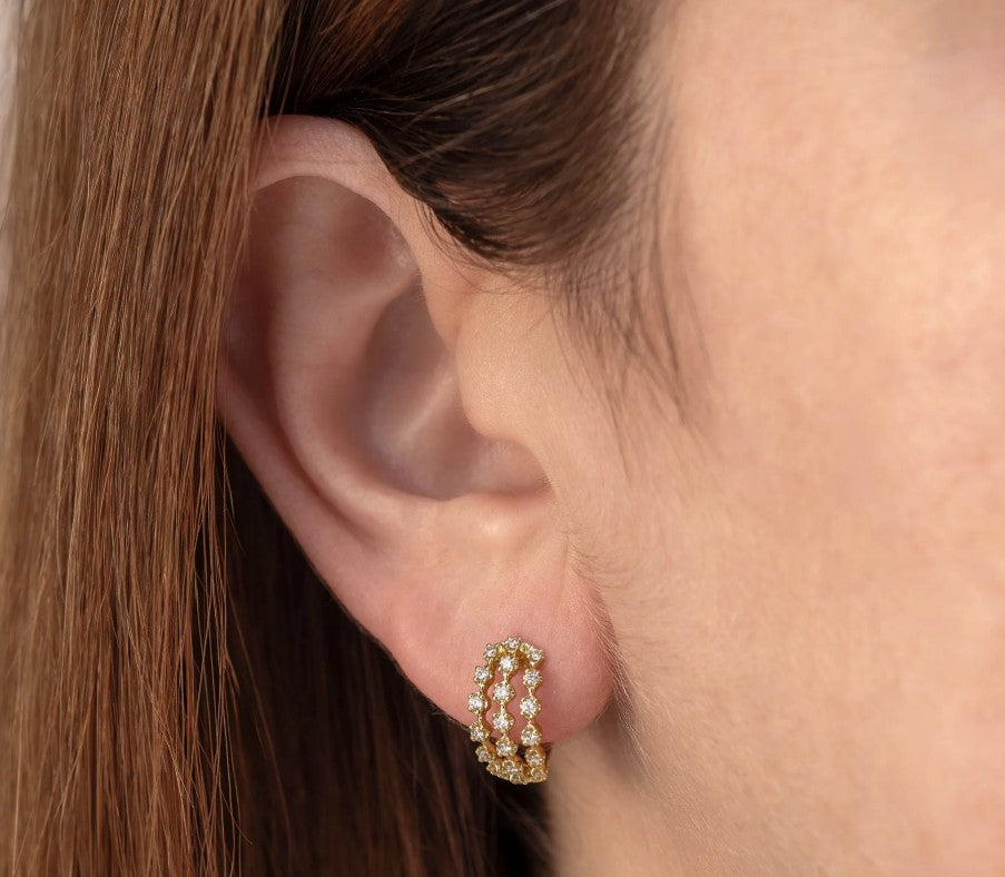 14K Yellow Gold Crown Set Diamond Hoop Earrings