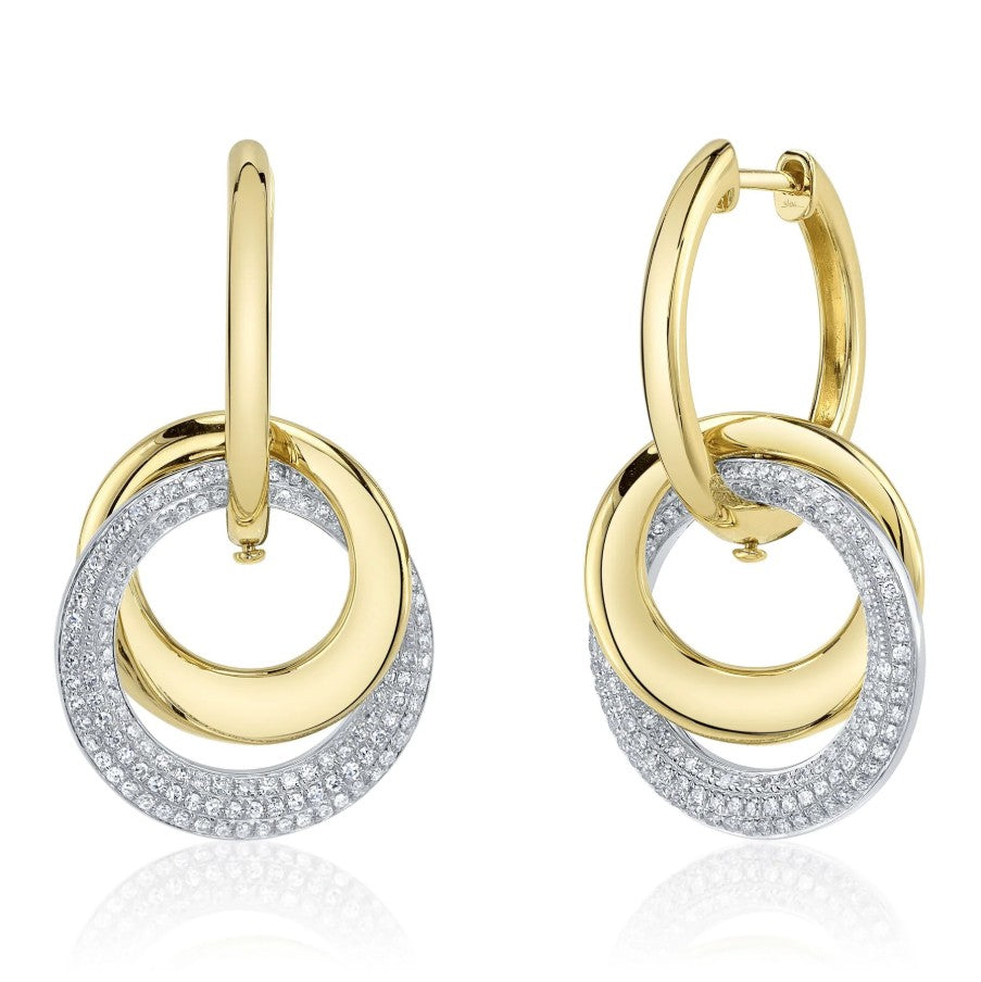 Two Tone 14K Yellow & White Gold Double Circle Drop Earrings