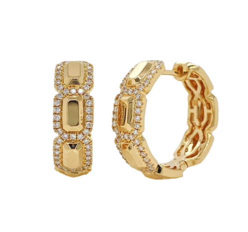 14K Yellow Gold Diamond Geo Cut Hoop Earrings