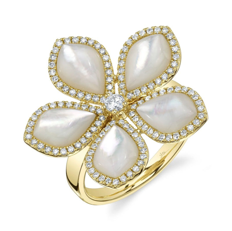14K Gold Mother of Pearl & Diamond Flower Ring