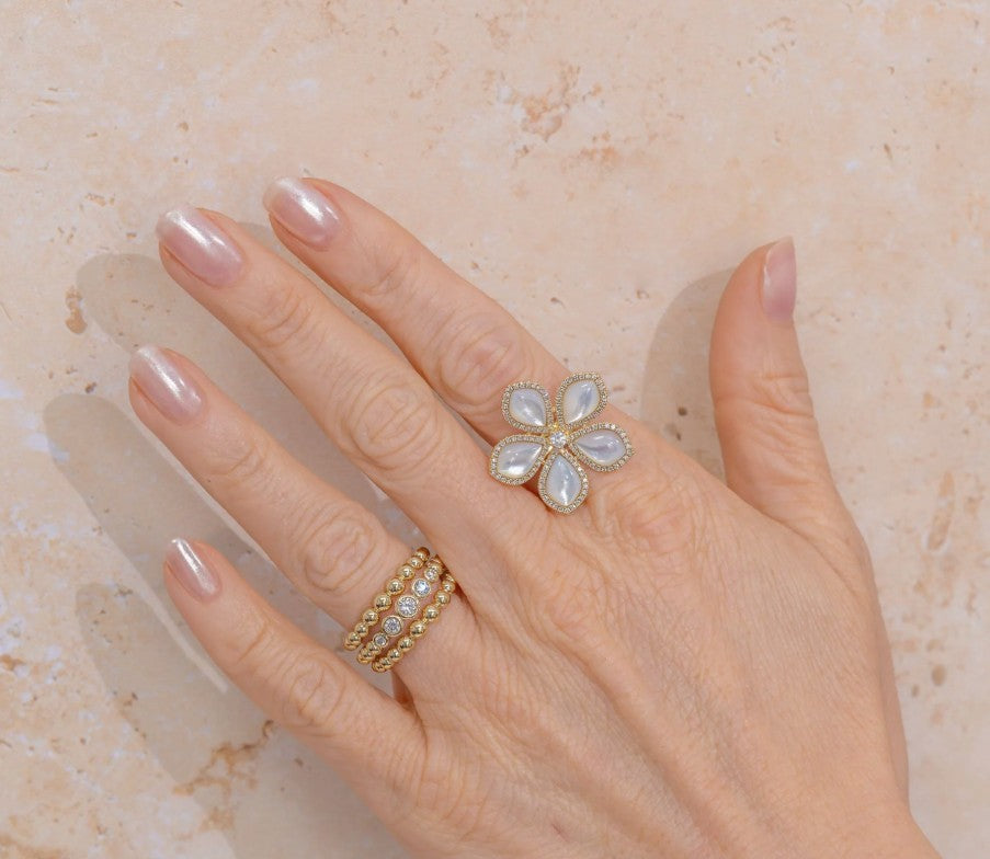 14K Gold Mother of Pearl & Diamond Flower Ring