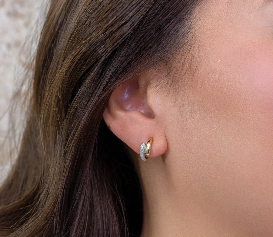 Two Tone 14K Yellow & White Gold Bypass Diamond Hoop Earrings