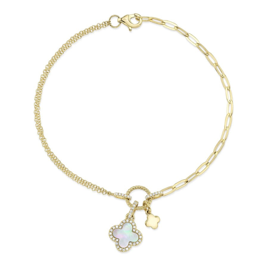 14K Gold Paperclip & Clover Diamond Mother of Pearl Bracelet