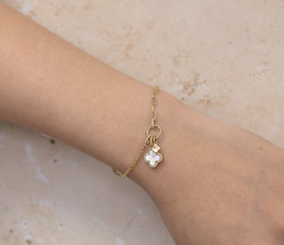 14K Gold Paperclip & Clover Diamond Mother of Pearl Bracelet