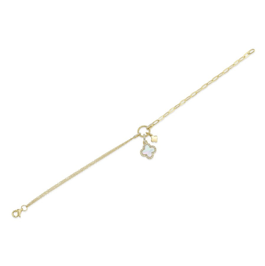 14K Gold Paperclip & Clover Diamond Mother of Pearl Bracelet