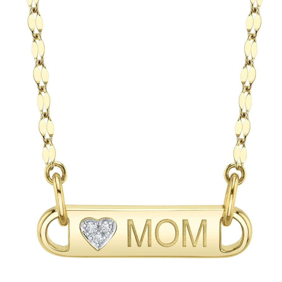 14K Yellow Gold Bar " MOM " Diamond Necklace