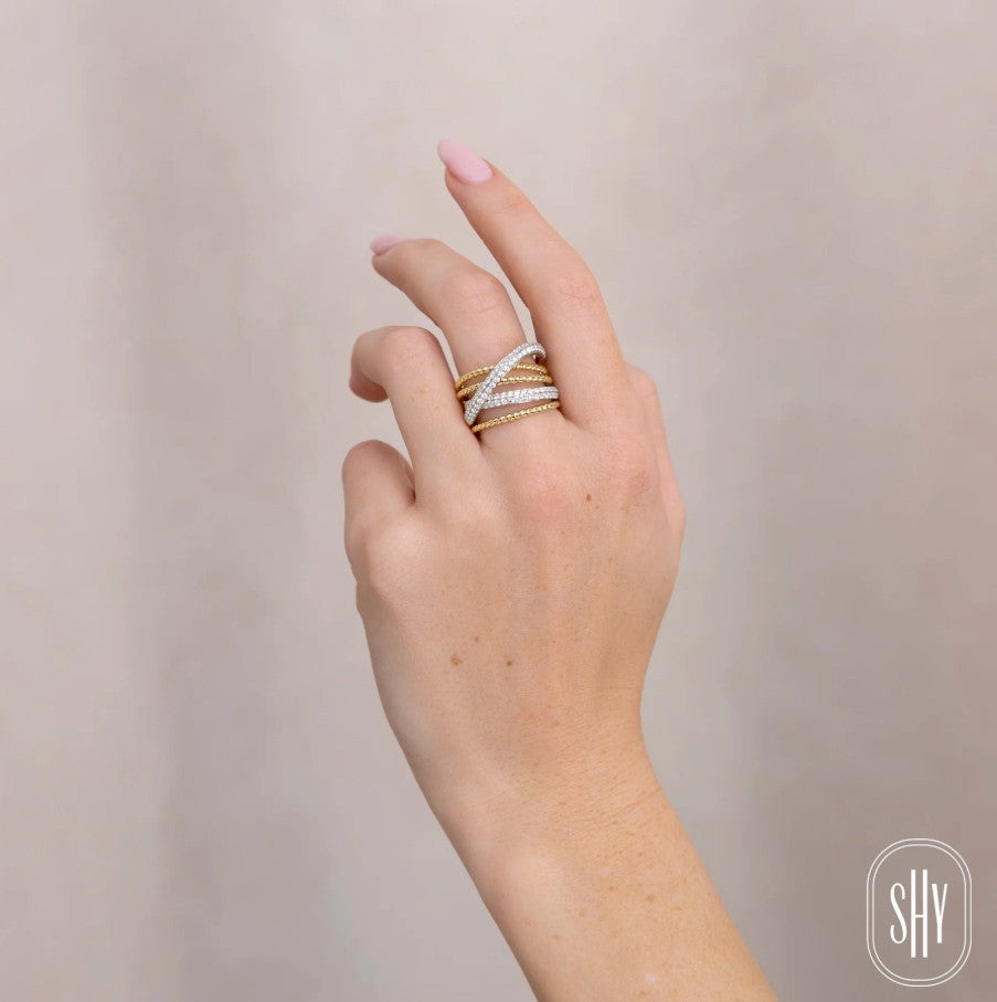 Two Tone 14K Yellow & White Gold Bridge Diamond Fashion Ring