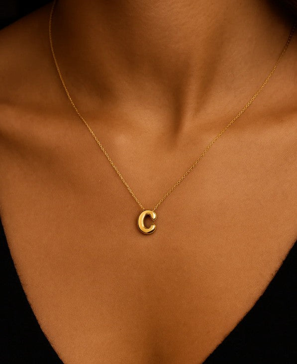 14K Yellow Gold Bubble Initial Necklace