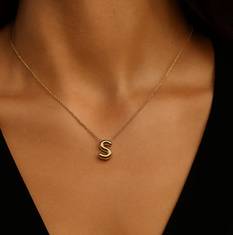 14K Yellow Gold Bubble Initial Necklace