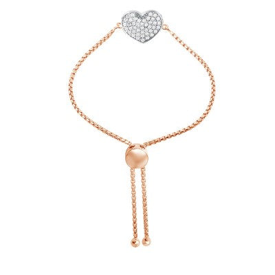 Lady's Rosé Sterling Silver Bolo Bracelet with CZ Heart,and Rhodium Finish