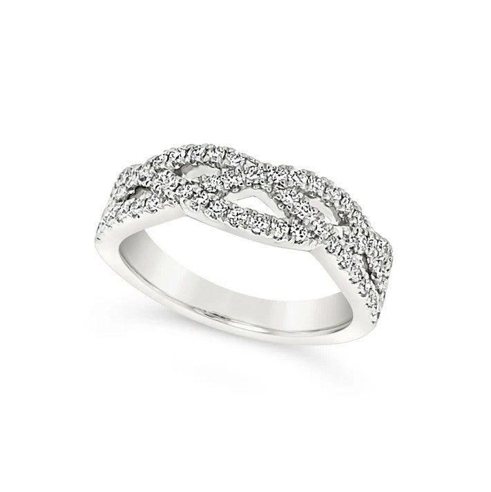 14K White Gold Braided Cross Over Diamond Wedding Band