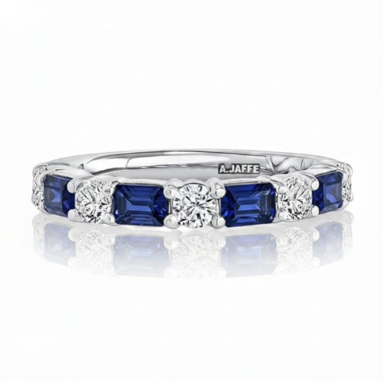 14K White Gold Alternating Blue Sapphire and Diamond Shared Prong Band