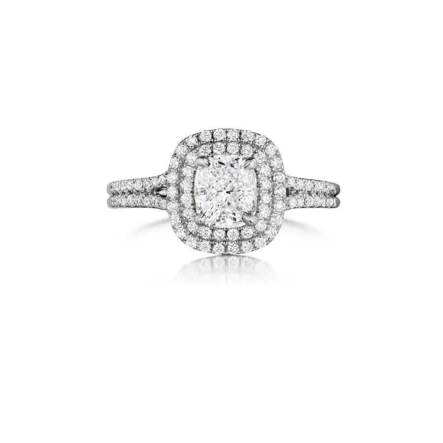 14K White Gold Double Cushion Halo Diamond Engagement Ring