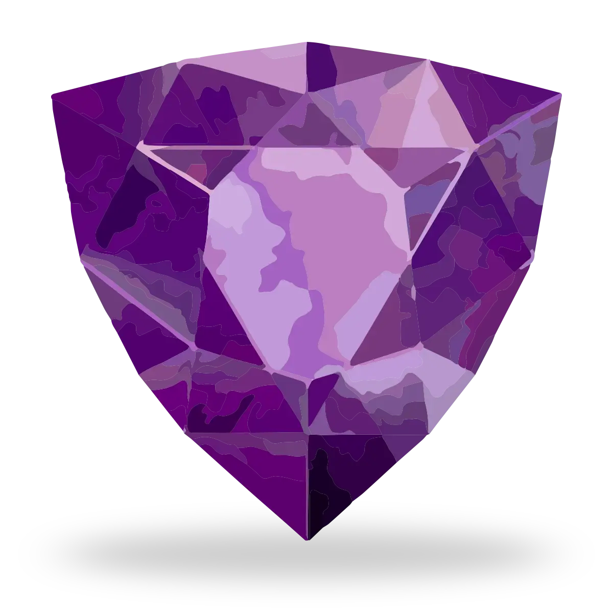 A faceted shield-shaped gemstone or crystal rendered in shades of purple and violet on a plain white background with a soft shadow underneath.