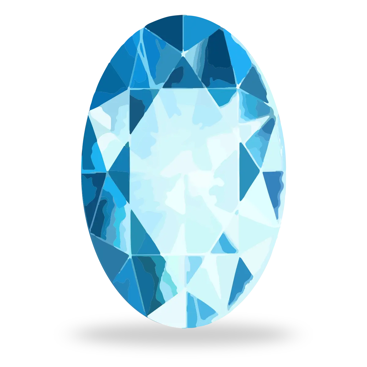 A faceted oval-cut gemstone in shades of light and medium blue, shown on a plain white background with a soft shadow underneath.
