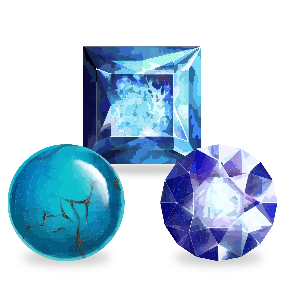 Three blue gemstones shown on a white background: a square faceted cut stone, a round turquoise-like stone with visible cracks, and a faceted oval stone in shades of blue and purple.
