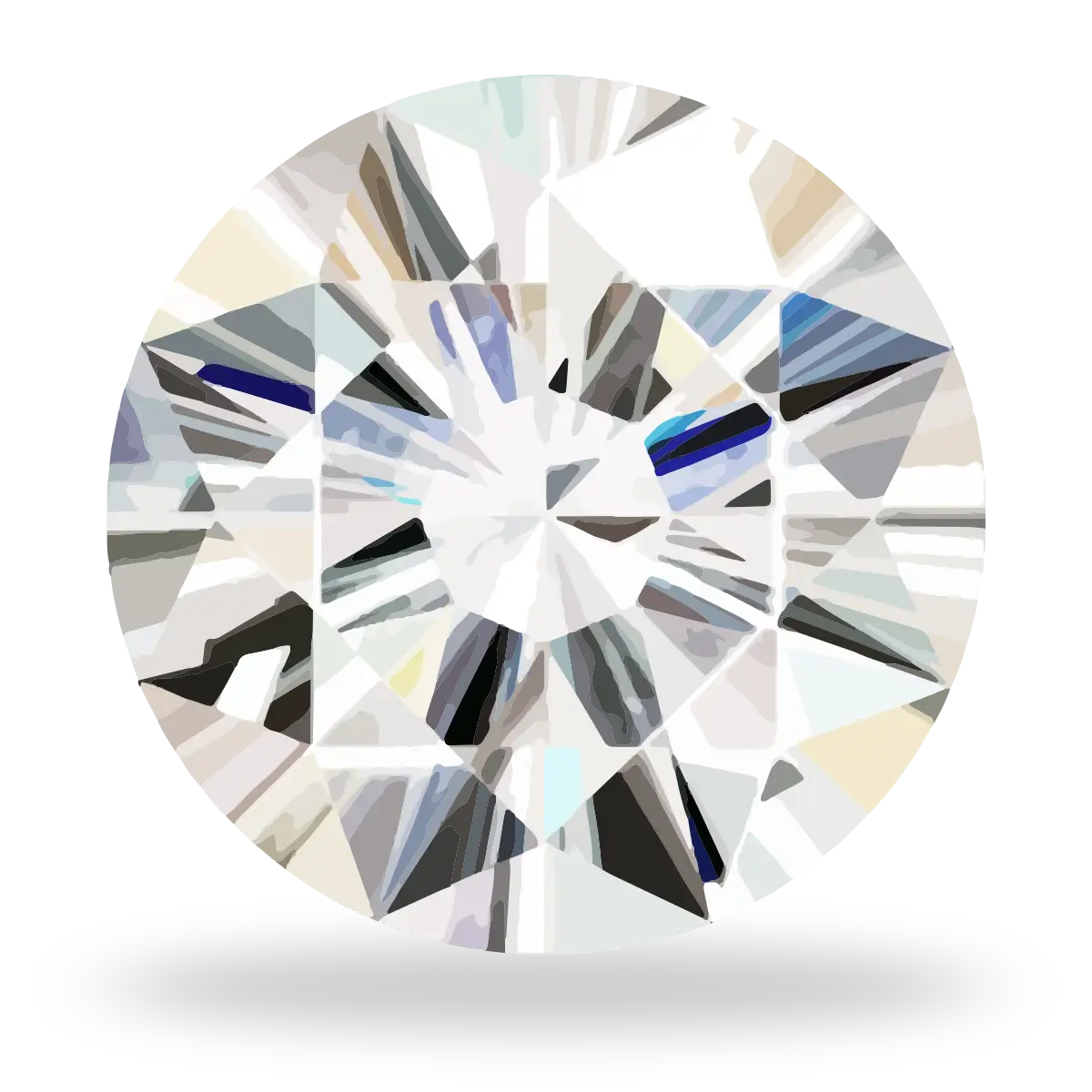 A round brilliant-cut diamond gemstone with intricate faceted reflections in shades of white, gray, black, and subtle blue and beige tones, shown on a clean white background with a soft drop shadow.