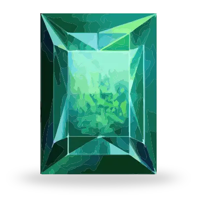 A rectangular emerald-cut gemstone with faceted edges, shown in shades of green and teal with a light mint center, isolated on a white background with a soft shadow.