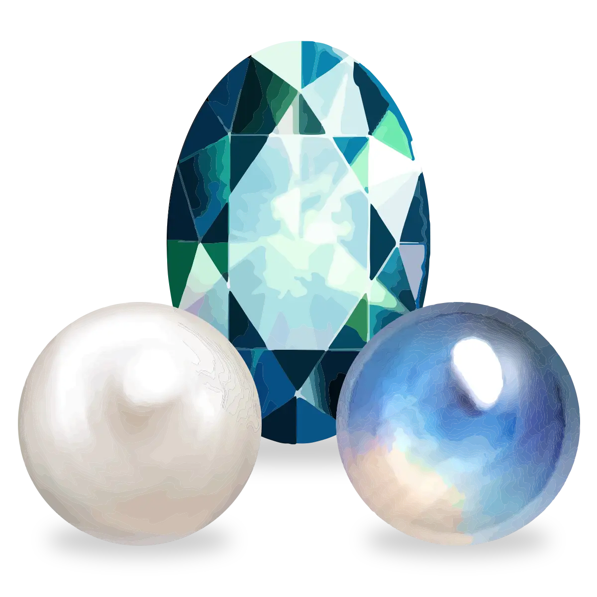 Three gemstone-like objects on a black background: a large faceted oval blue-green stone in the center, a smooth white pearl on the lower left, and a polished iridescent blue stone on the lower right.