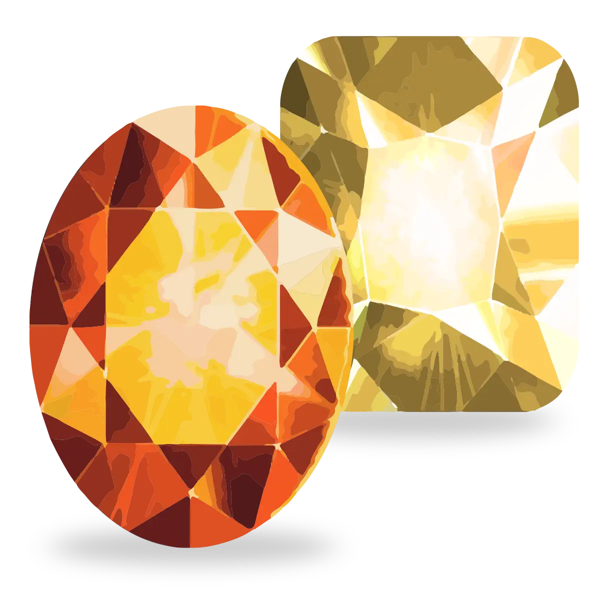 Two faceted gemstones on a white background: one oval orange stone with yellow and red facets, and one rounded square yellow stone with bright gold and white highlights.