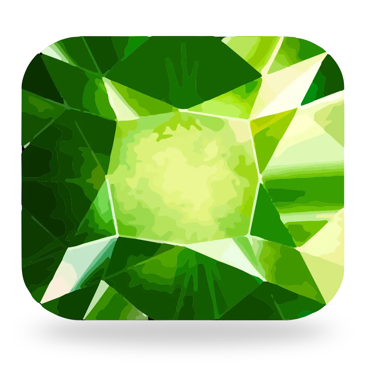 A faceted green gemstone or crystal cut in a square shape with rounded corners, shown on a white background with a soft drop shadow.