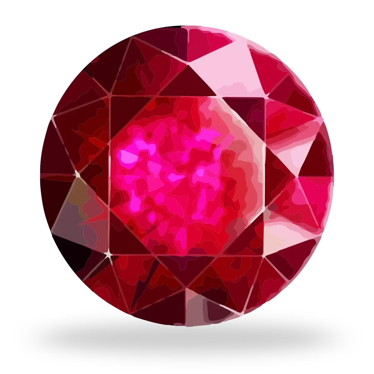 A faceted round gemstone rendered in shades of deep red, magenta, and pink, centered on a light gray background with a soft shadow below.