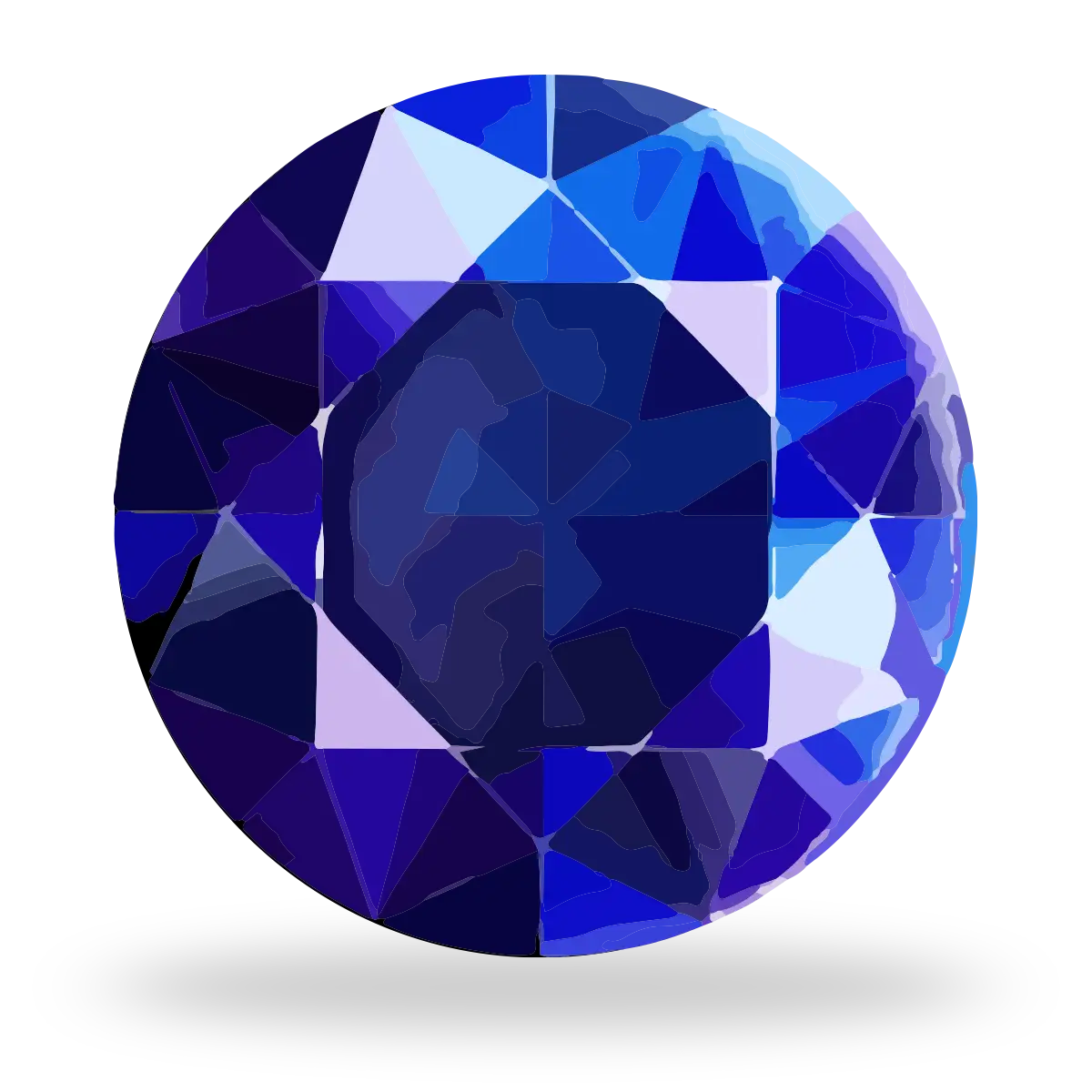 A faceted round gemstone rendered in shades of deep blue, royal blue, and violet, floating on a light gray background with a soft shadow underneath.