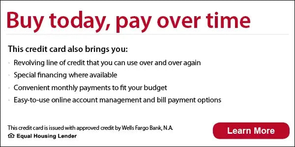 A promotional credit card offer graphic with the headline 'Buy today, pay over time' in red text on a white background, a list of benefits in black text, a small Wells Fargo Bank mention at the bottom, and a red 'Learn More' button.