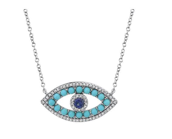 14K White Gold Turquoise Eye Necklace