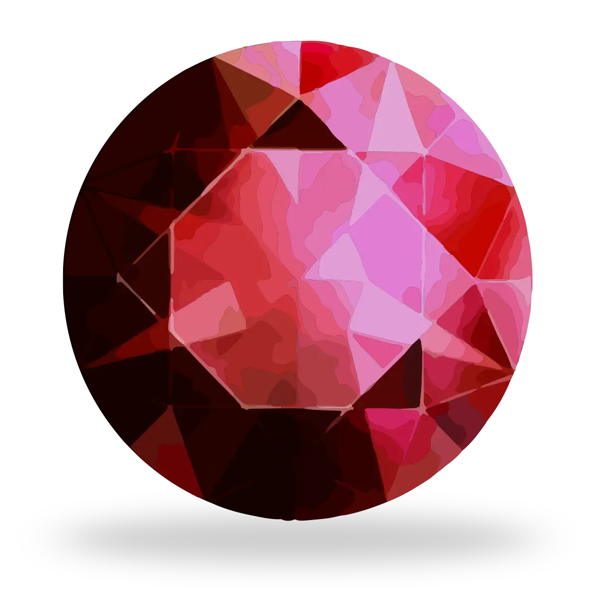 A faceted round gemstone with a geometric polygonal cut, displaying a gradient of deep red, magenta, and light pink facets, shown on a white background with a soft drop shadow.