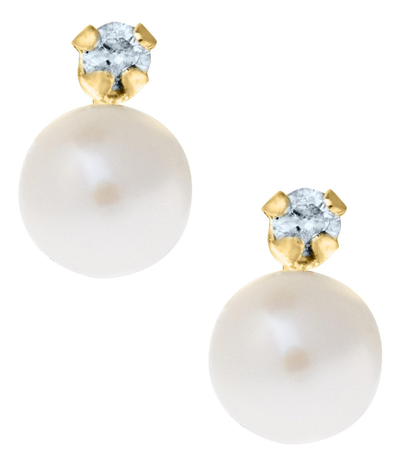 Children's 14K Gold Round Pearl Studs with Round Diamonds