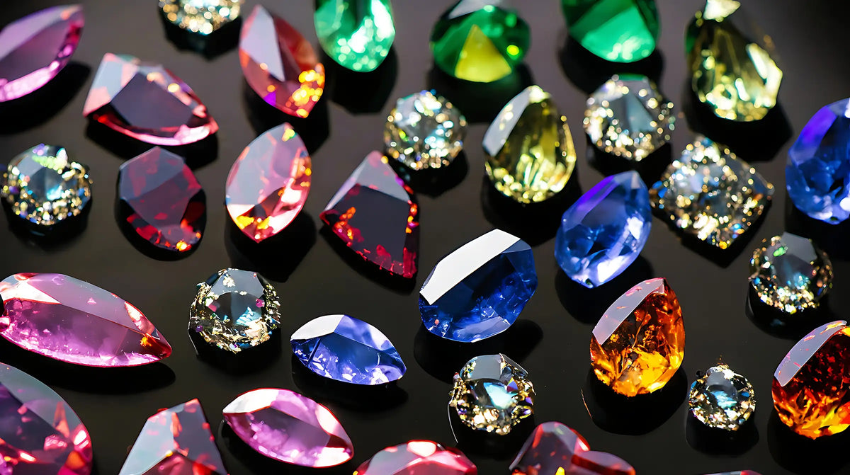 A close-up arrangement of faceted gemstones in multiple colors, including pink, blue, green, yellow, orange, and purple, set against a dark reflective background.