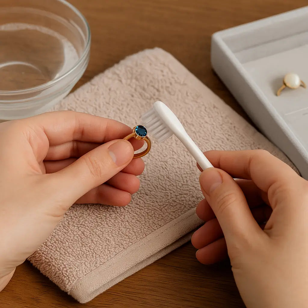 A close-up of hands cleaning a gold ring with a blue gemstone using a white toothbrush over a beige towel, with a glass bowl of water and a white jewelry tray in the background.