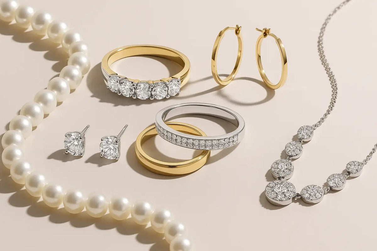 Jewelry including rings, earrings, and a necklace on a light background