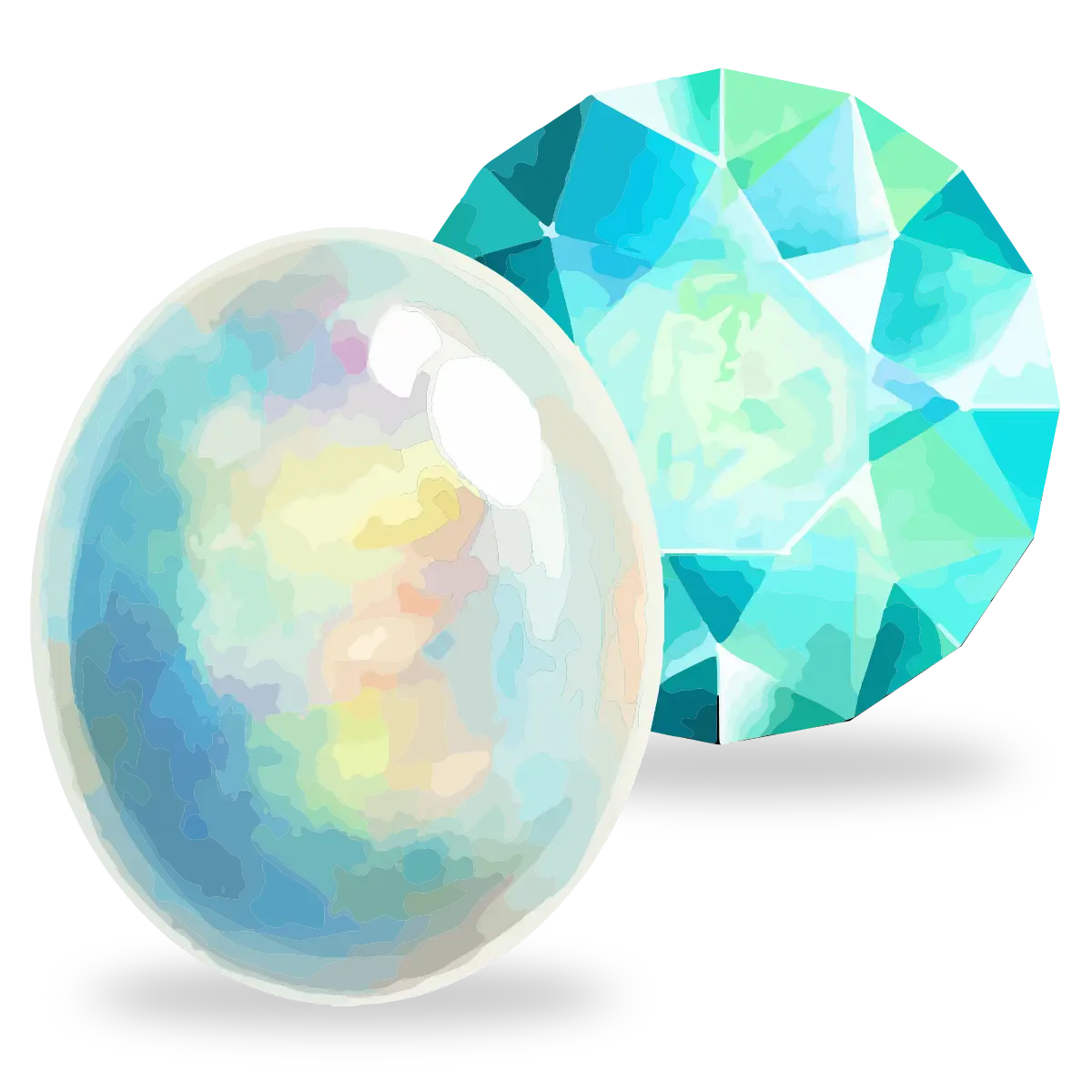 Two decorative glass marbles, one faceted and one smooth, in shades of blue, green, and white, set against a plain white background.