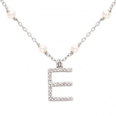 Lady's Sterling Silver Necklace on Pearl Chain with "E"