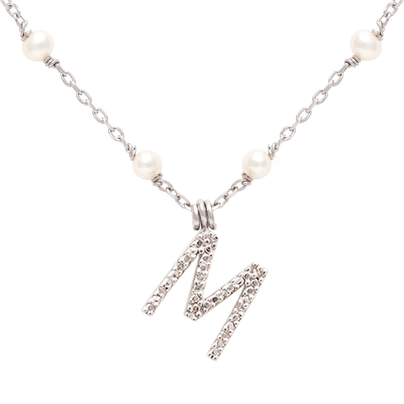 Sterling Silver Diamond “M” Initial Pearl Chain Necklace