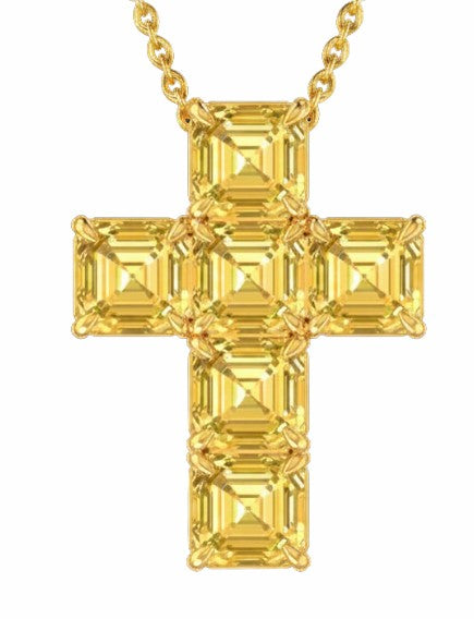 18K Gold Asscher Cut Yellow Diamond Cross Pendant Necklace