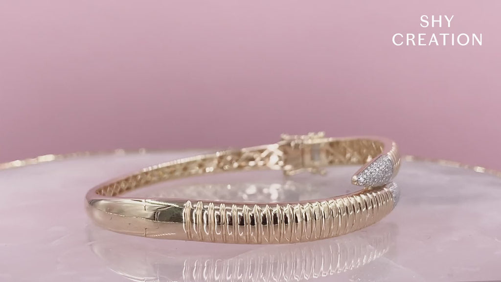 14K Gold Cross Over Diamond Bangle Bracelet