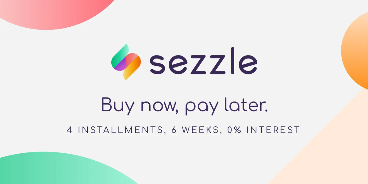 Promotional graphic for the sezzle payment app with the brand logo and the text 'Buy now, pay later. 4 installments, 6 weeks, 0% interest' on a light background with abstract pastel shapes.