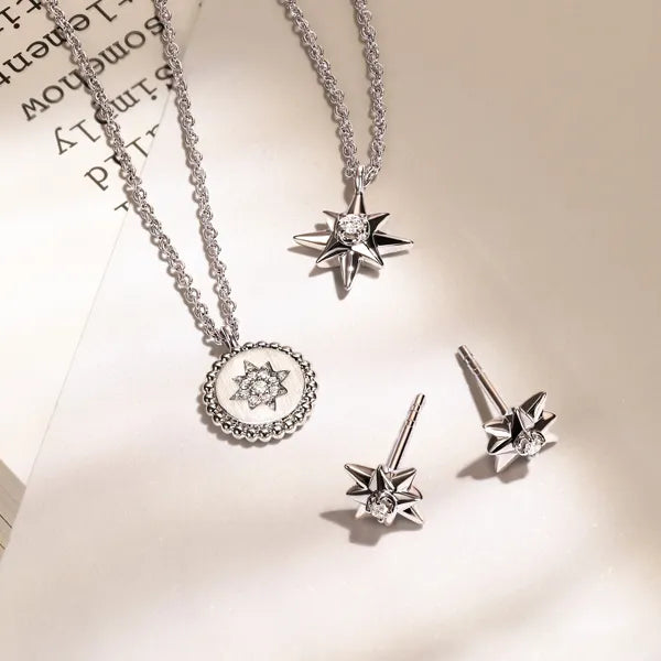 Silver-toned jewelry set featuring a starburst pendant necklace, a circular sunburst pendant, and two matching starburst stud earrings, arranged on a light beige surface with printed text in the background.