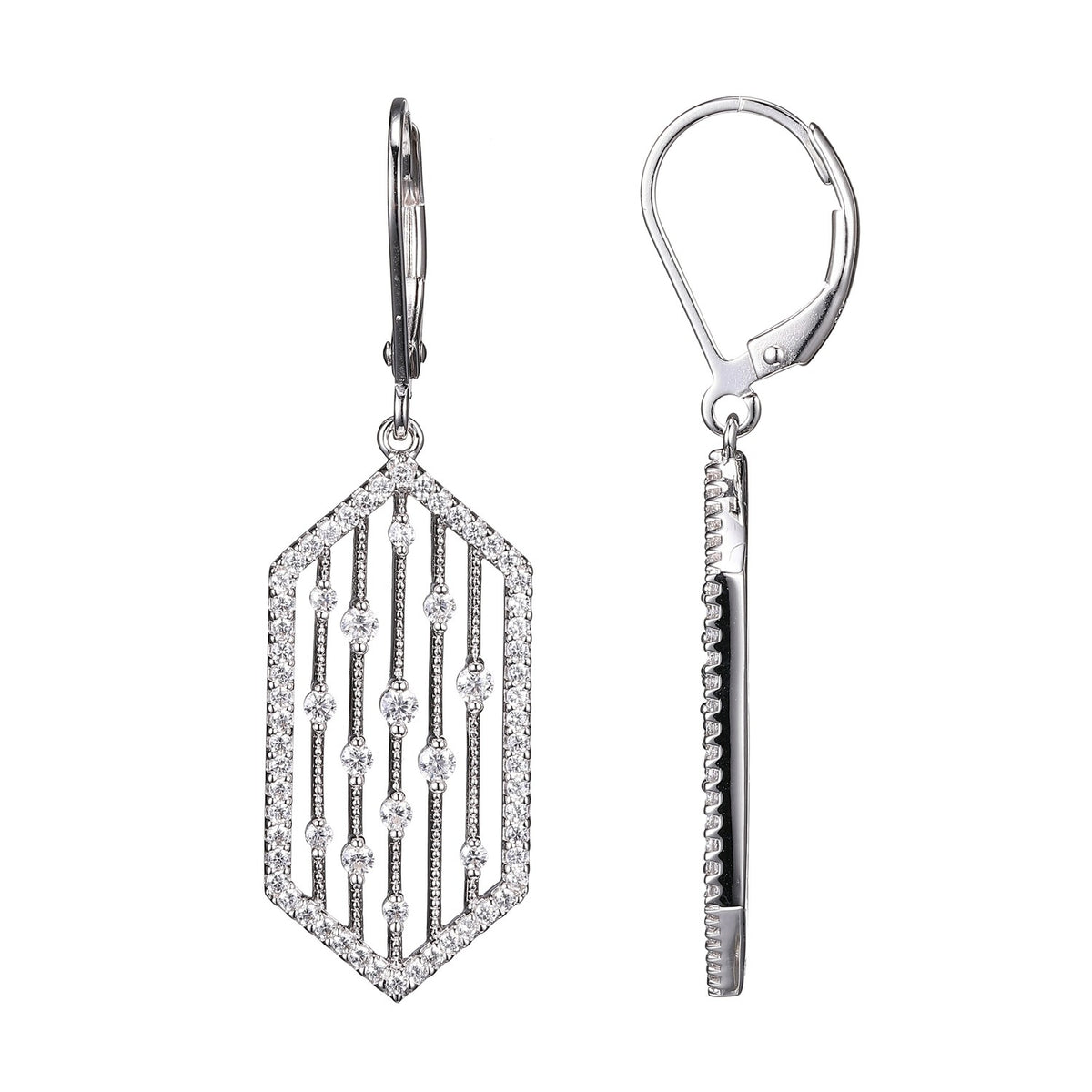 Lady's White Sterling Silver Dangle Hexagon Lattice Earrings
