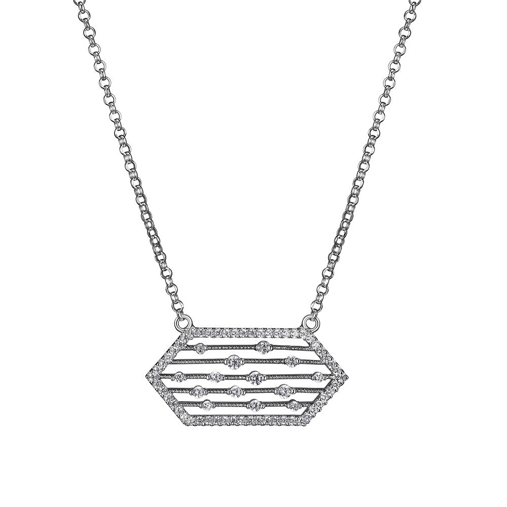 Lady's White Sterling Silver Fancy Link Necklace With Hexagon Lattice Design