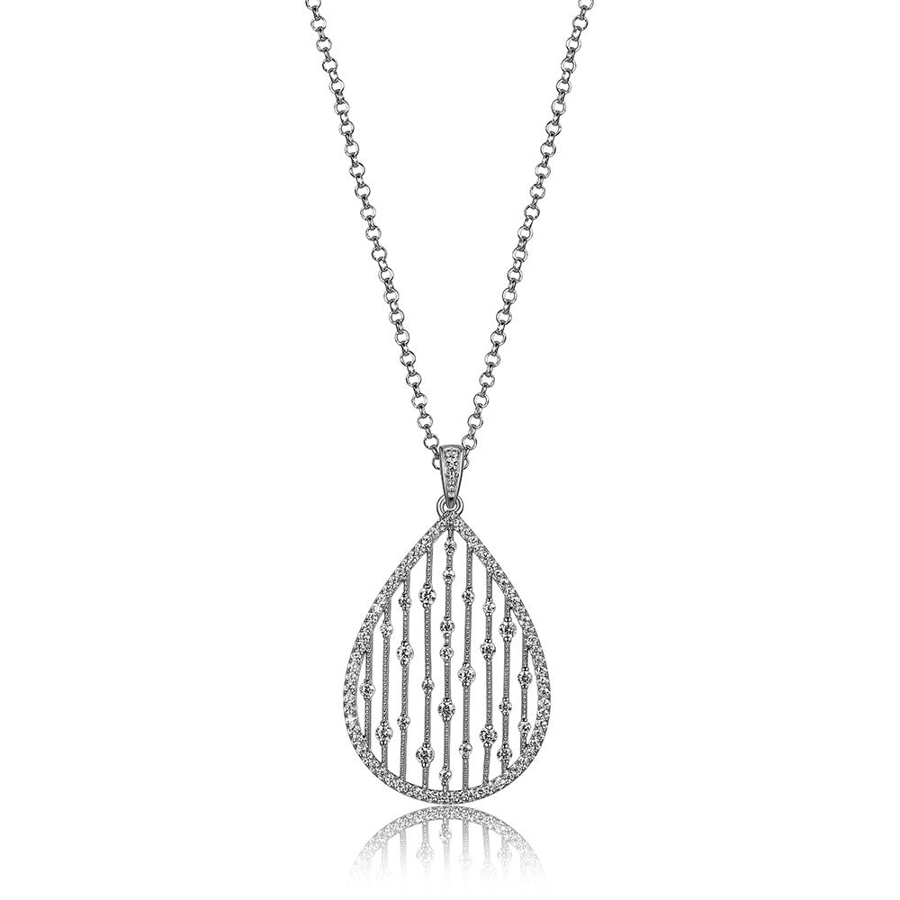 Lady's White Sterling Silver Fancy Link Tear Drop Lattice Necklace