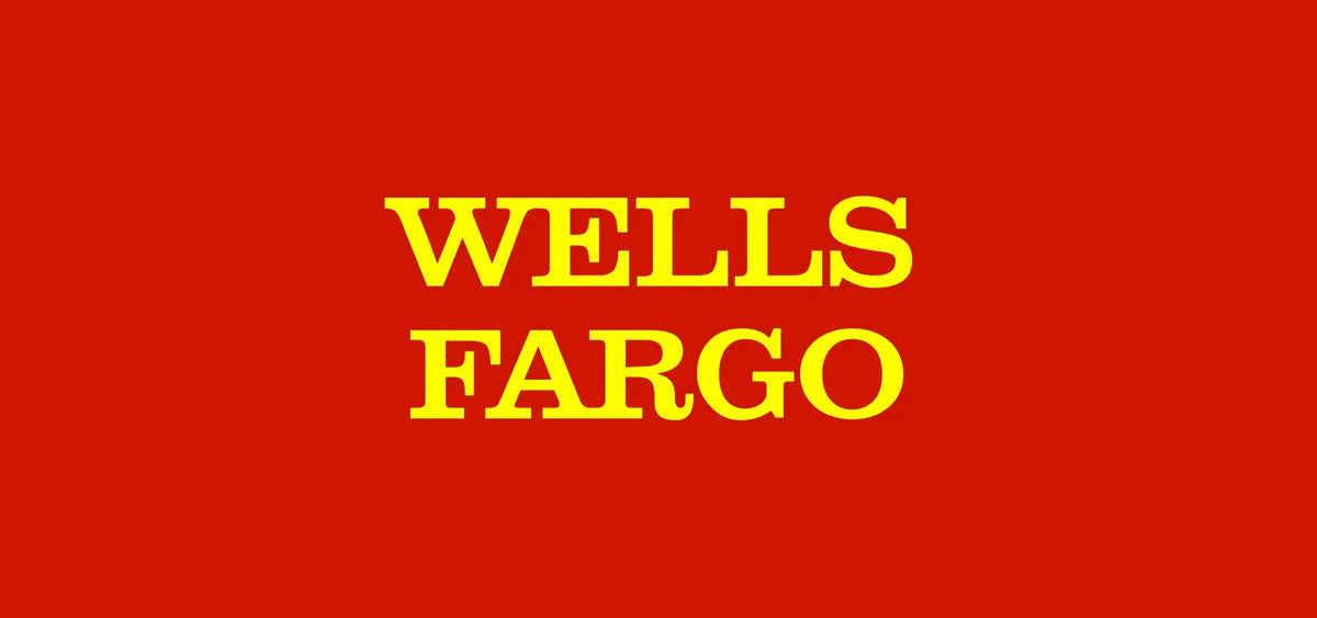 Wells Fargo logo in yellow serif text centered on a solid red background.