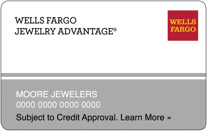 A Wells Fargo Jewelry Advantage credit card design with a white upper section, gray lower section, and the Wells Fargo logo in red and yellow in the top right.
